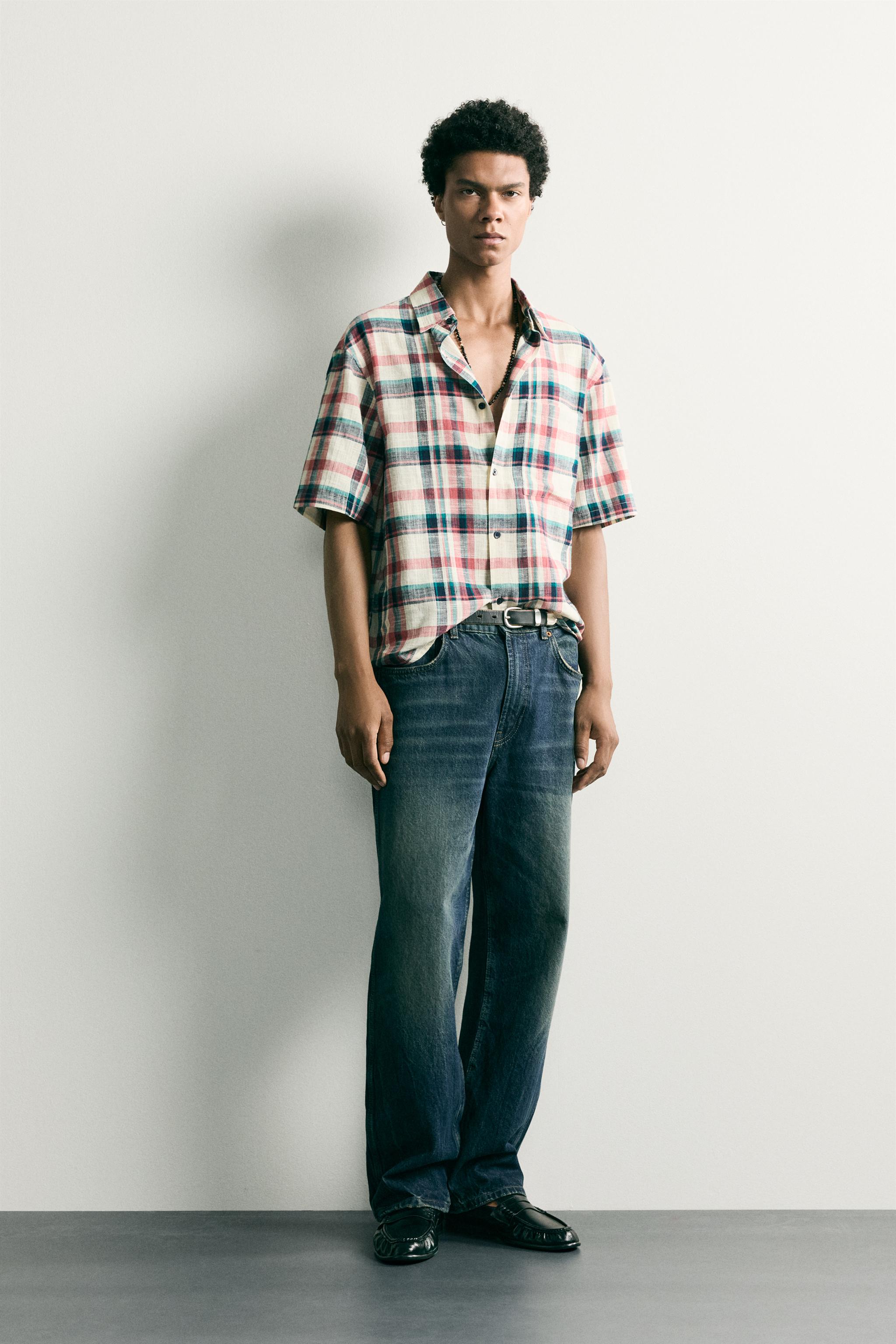 RELAXED FIT TEXTURED PLAID SHIRT